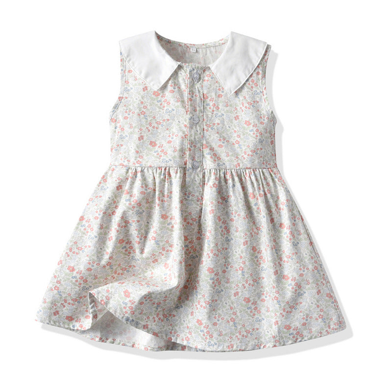 Wholesale Children's Cotton Sleeveless Floral Doll Neck Dresses